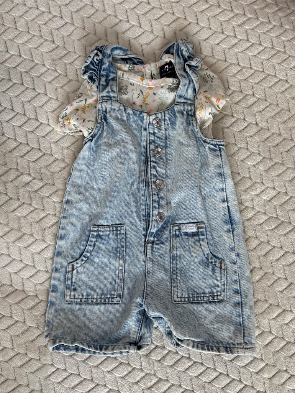 Light Wash Denim Short Ruffle-Strap Overalls and Shirt 12 Months